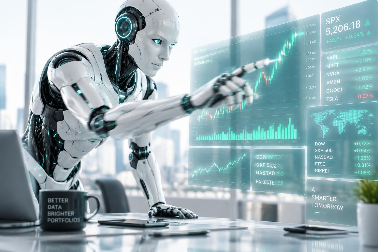 Robot di intelligenza artificiale che analizza grafici di mercato in movimento